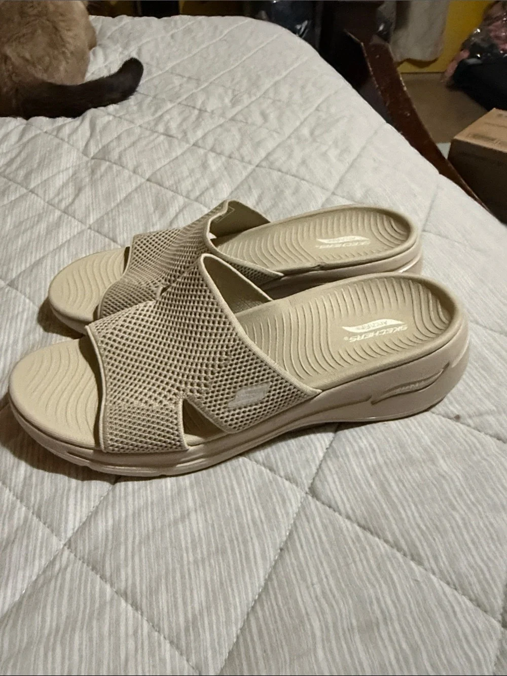 Skechers Women's Light Beige Mesh Slide Sandals - Picture 2 of 5